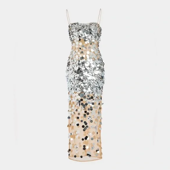 Retrofete Mischa Sequin Dress Spaghetti Strap Silver - Picture 5 of 14